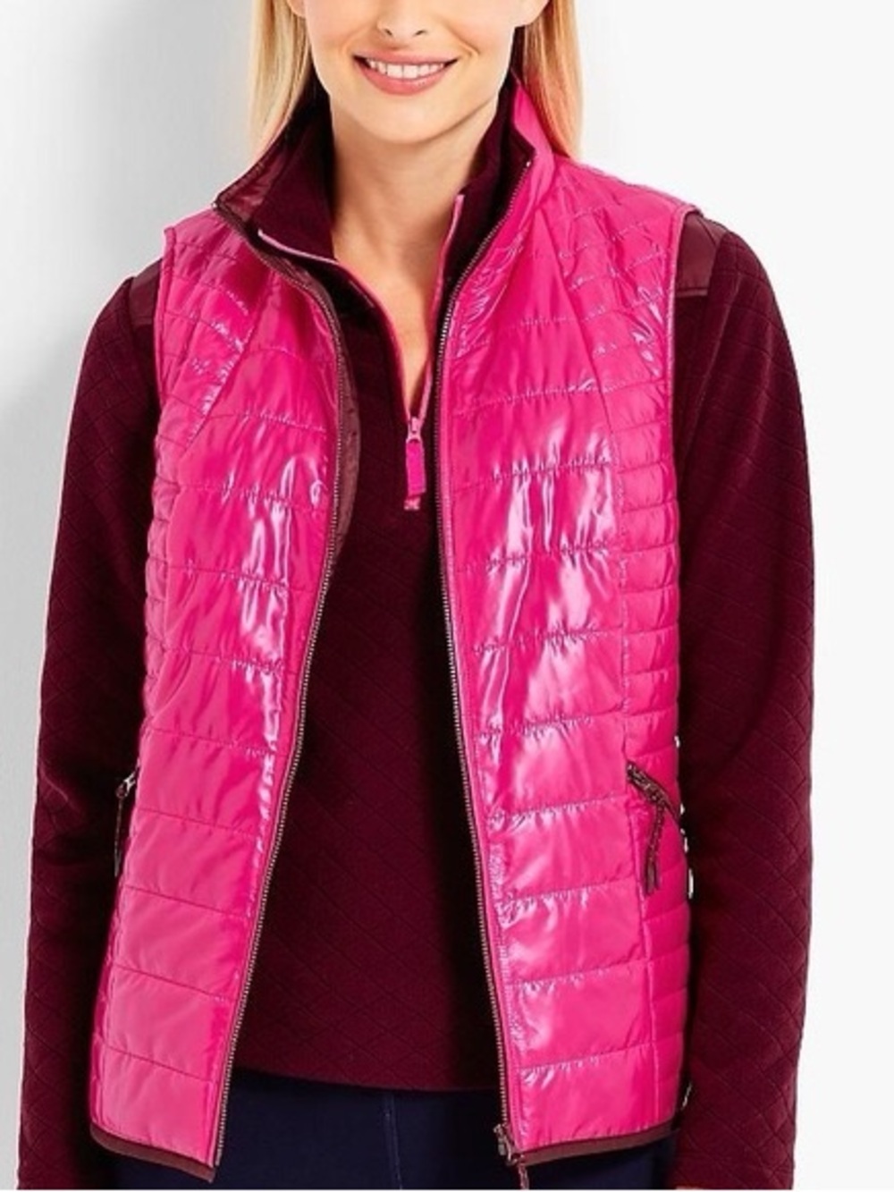 Talbots Women Shiny Fuchsia Quilted Puffer Vest